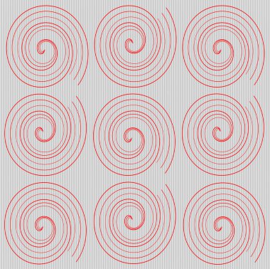 Dikey gri çizgiler üzerinde bir ızgarada tekrar eden kırmızı spiral şekilleri olan geometrik dikişsiz desen. Modern soyut tasarım güçlü bir optik ritim ve dekoratif çağdaş arkaplan yaratıyor.