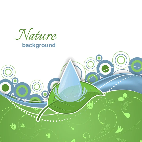 Natural vector background with green leaf and water drop. — Stock Vector
