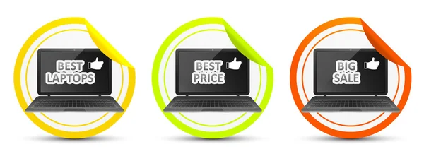 Best laptop. Best price. Big sale. Vector icon with black notebook. — Stock Vector