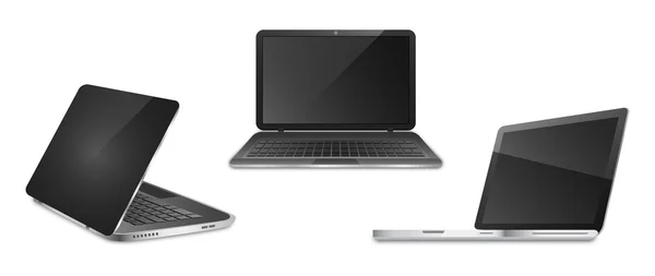 Drei offene Notizbücher in verschiedenen Positionen isoliert auf weißem Hintergrund. schwarzer Laptop. — Stockvektor