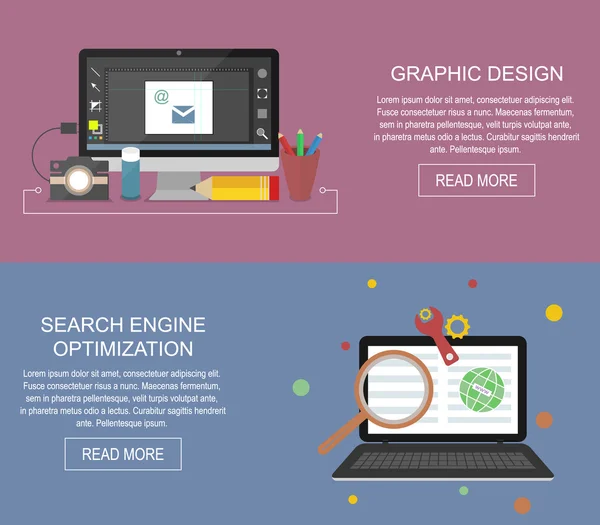 グラフィック デザインと検索エンジン最適化のウェブサイト バナー. — ストックベクタ