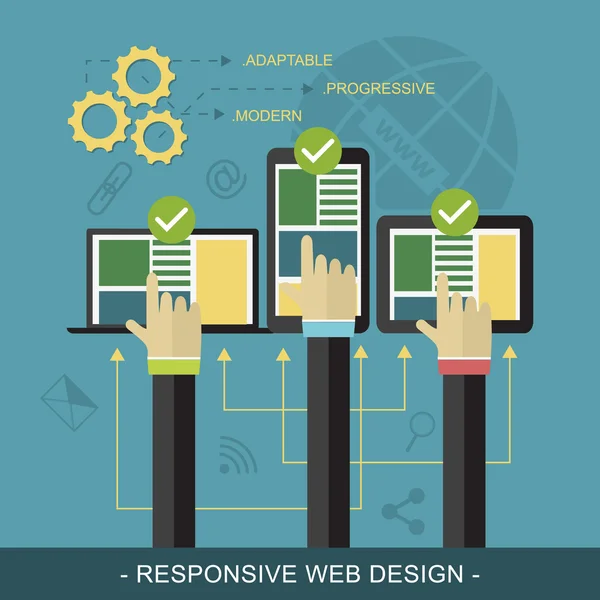 Reagovat webové stránky design vektorové ilustrace technologických zařízení, ikony a tři ruce. — Stockový vektor