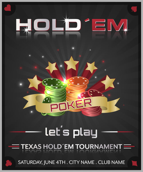 Poker tournament dark background with poker chips and stars.