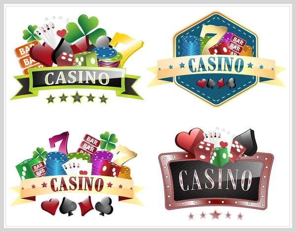 Conjunto de ilustración de vectores de casino con elementos de apuestas, marco adornado, símbolos de cartas y dados . — Vector de stock