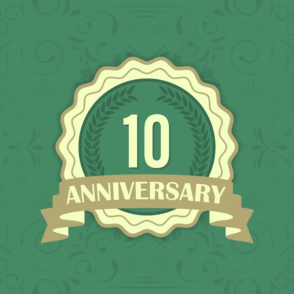 10e verjaardag vector label op de achtergrond van een groene sieraad. — Stockvector