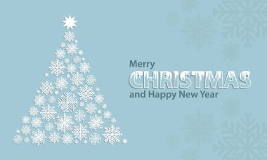 Yılbaşı ağacı, kar taneleri ve yıldızlı mavi bir Noel ve yeni yıl arkaplanı. Düzenlenebilir vektör illüstrasyonu.