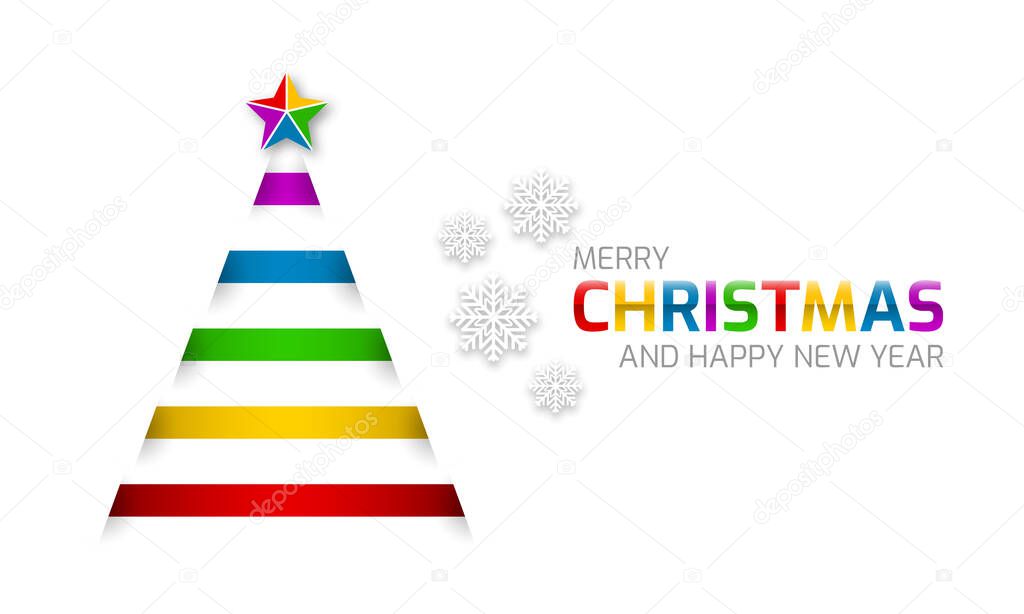 Colorful Christmas tree with a star on a white background. Christmas and New Year greetings. Editable vector design.