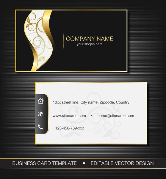 Templat kartu bisnis dengan kurva emas, sisi depan dan belakang - Stok Vektor