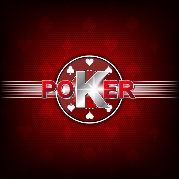 Poker illustration on a red background with card symbol and chip