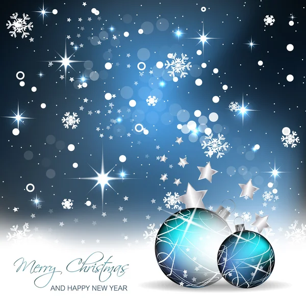 Kerstballen op een winter achtergrond met sneeuwvlokken en sterren — Stockvector