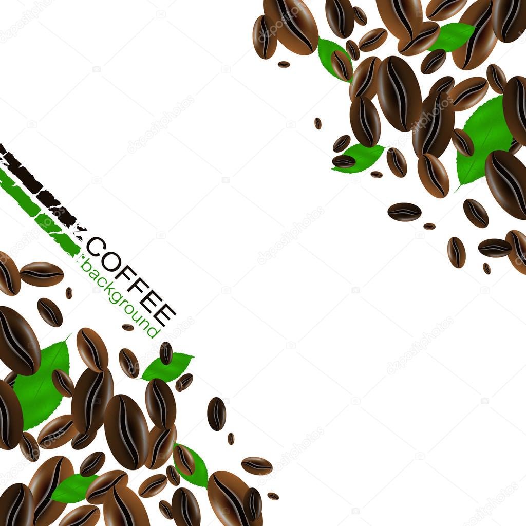 Coffee background with coffee beans and green leaves