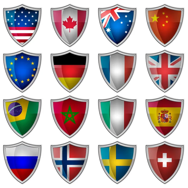 Zestaw błyszczący odznaki lub etykiety z popularnych krajów flagi — Wektor stockowy