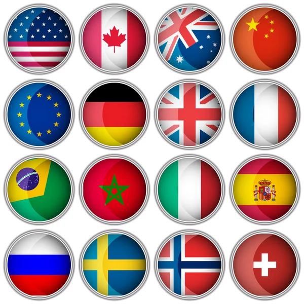 Conjunto de botones brillantes o iconos con banderas de países populares — Vector de stock