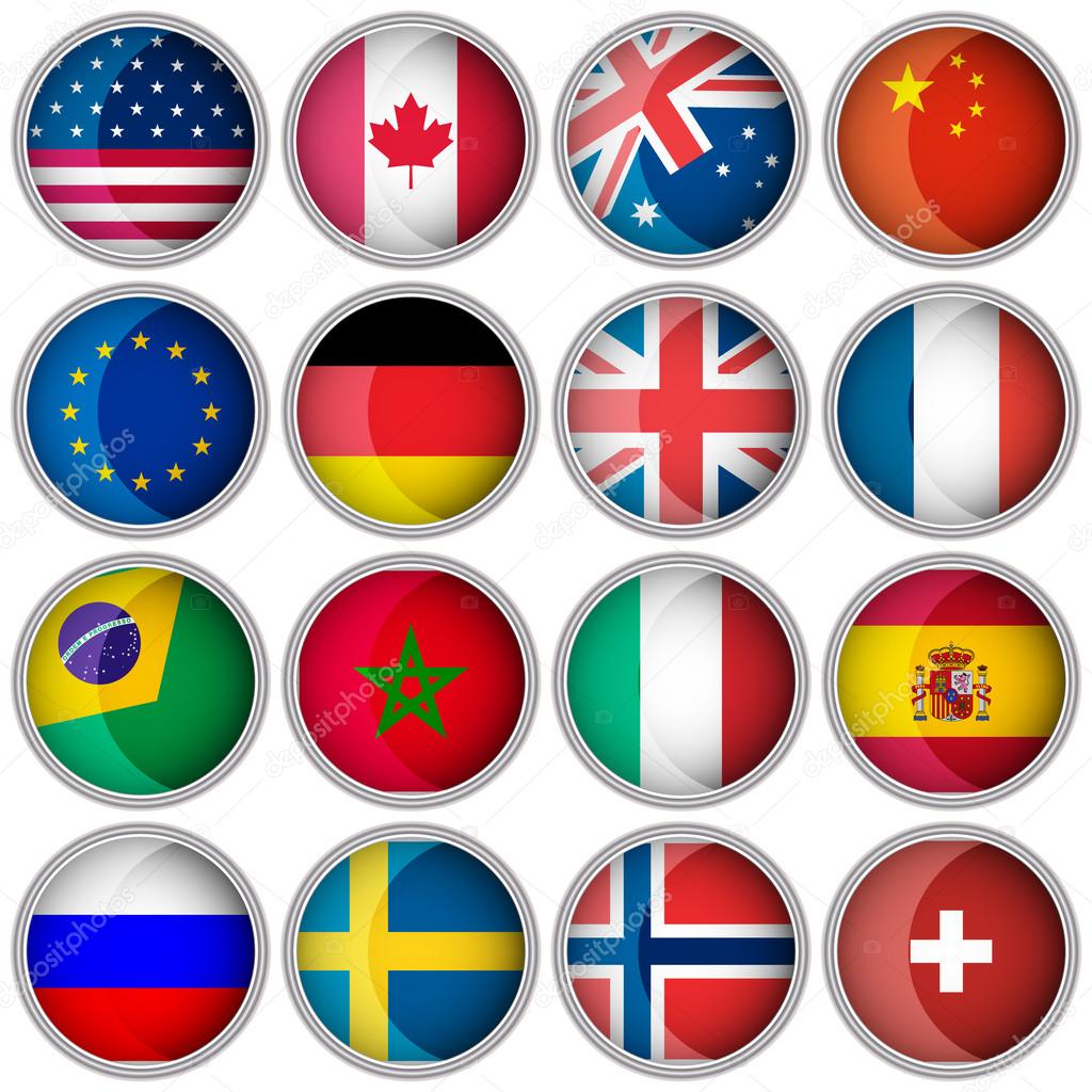 Set of glossy buttons or icons with flags popular countries