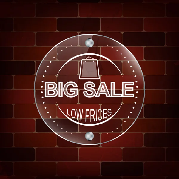 Big sale glass label on a brick background — Stock Vector