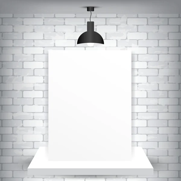 Blank paper on a pedestal and a brick background with lamp — Stock Vector