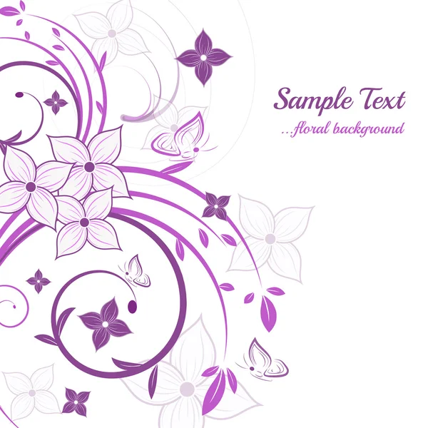 Fundo floral roxo abstrato com folhas e borboletas —  Vetores de Stock