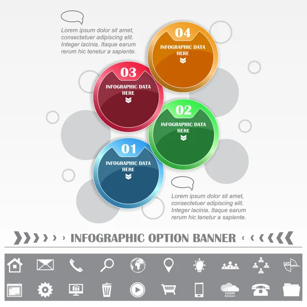 Modelo vetorial infográfico com etiquetas redondas e ícones diferentes — Vetor de Stock