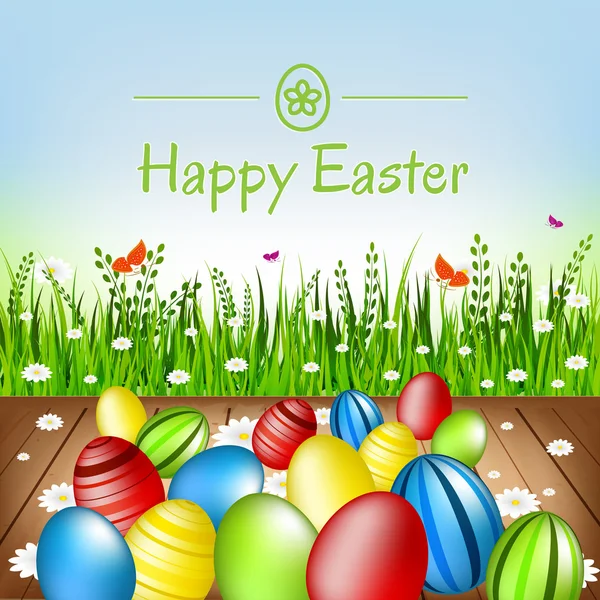 Paskalya kartı. Paskalya yumurtaları, çiçek ve yeşil çimen. — Stok Vektör
