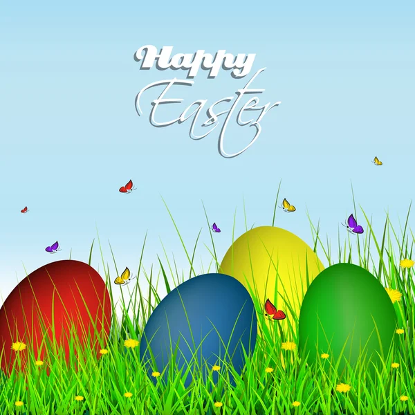 Happy easter greeting card, easter eggs on grass with dandelion — Stock Vector