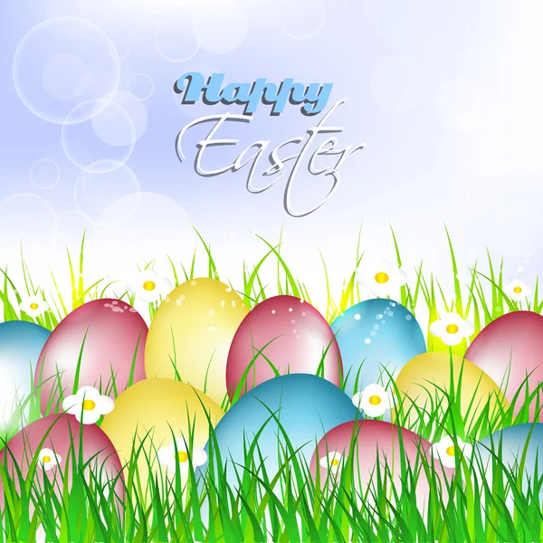 Easter card, painted eggs on a grass with flowers — Stock Vector