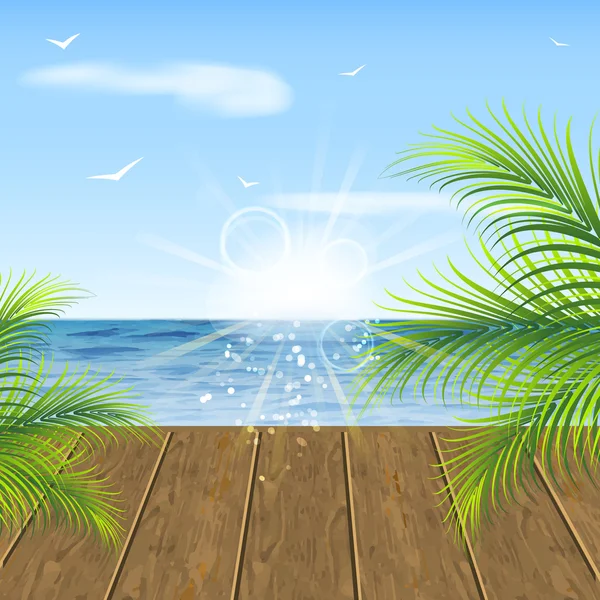 Fondo de verano. Vista al mar, suelo de madera y hojas de palmera — Vector de stock