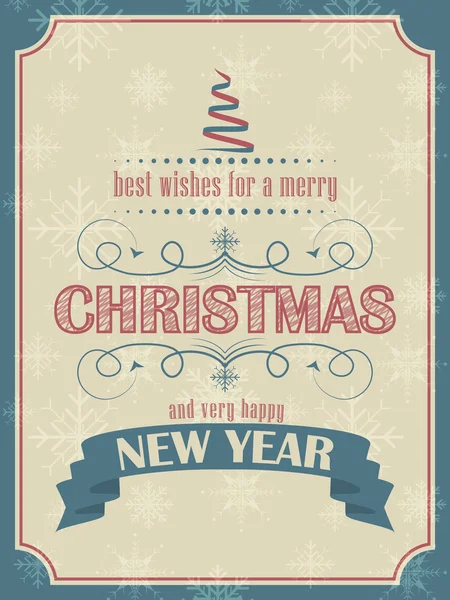Weihnachts- und Neujahrskarte im Retro-Stil mit Weihnachtsbaum und Schneeflocken — Stockvektor