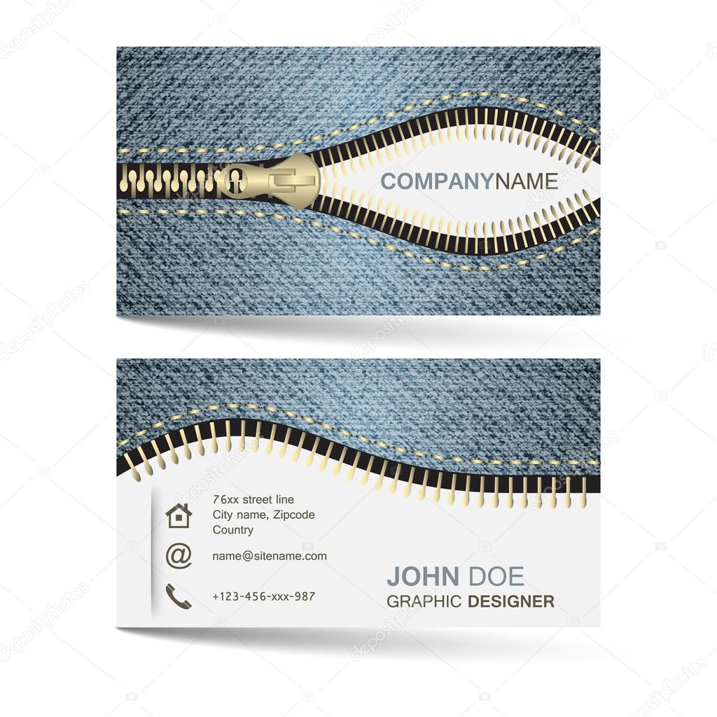 Business card template with denim jeans pattern and zipper