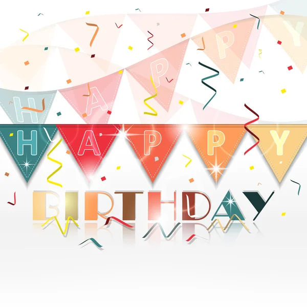 Birthday greetings vector background with confetti, flags and spiral ribbons. — Stock Vector