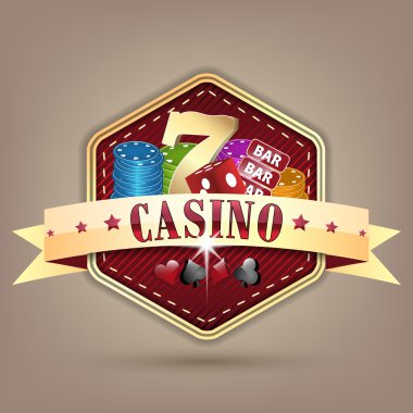 Casino vektör çizim şerit, cips, zar, kartı ve şanslı yedi sembol ile.
