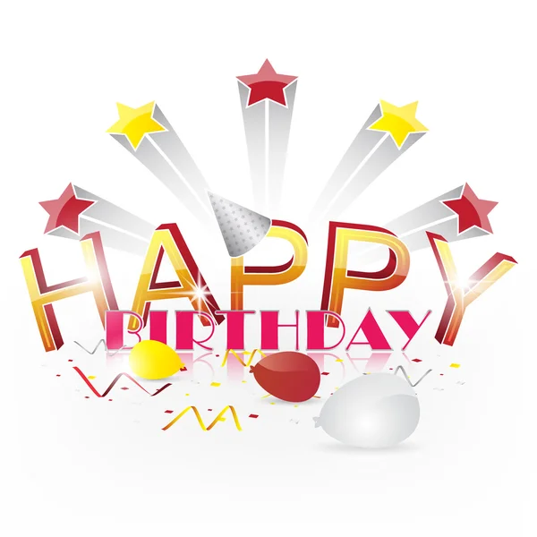Feliz cumpleaños vector ilustración con confeti, globos, gorra y cintas en espiral de colores — Archivo Imágenes Vectoriales