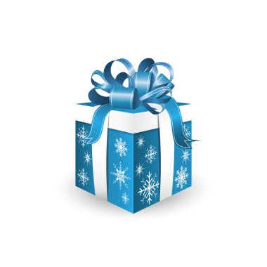 Mavi dekoratif kurdele ve kar taneleri beyaz zemin üzerine izole hediye kutusu