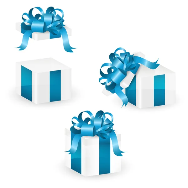 Set of white christmas gift box with blue ornate ribbon, vector illustration — Stock Vector