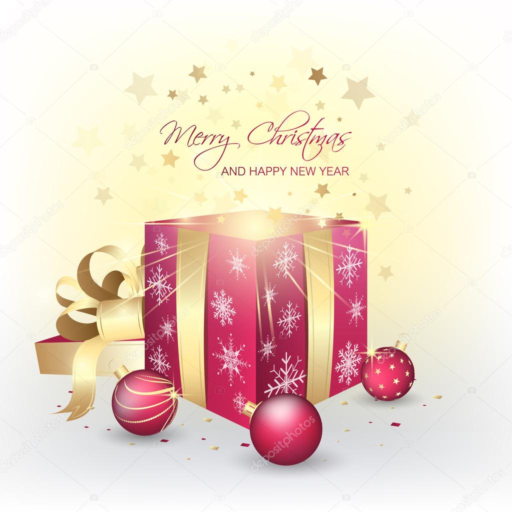 Christmas and New Year background with open gift box, christmas balls, snowflakes, stars and confetti.