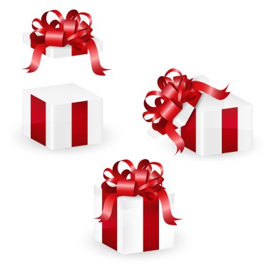 Beyaz Noel hediye kutu kırmızı süslü şerit, vektör çizim ile kümesi