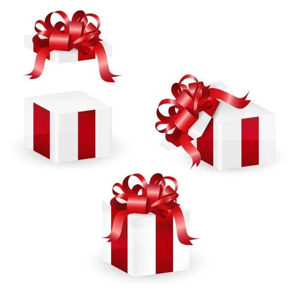 Beyaz Noel hediye kutu kırmızı süslü şerit, vektör çizim ile kümesi — Stok Vektör