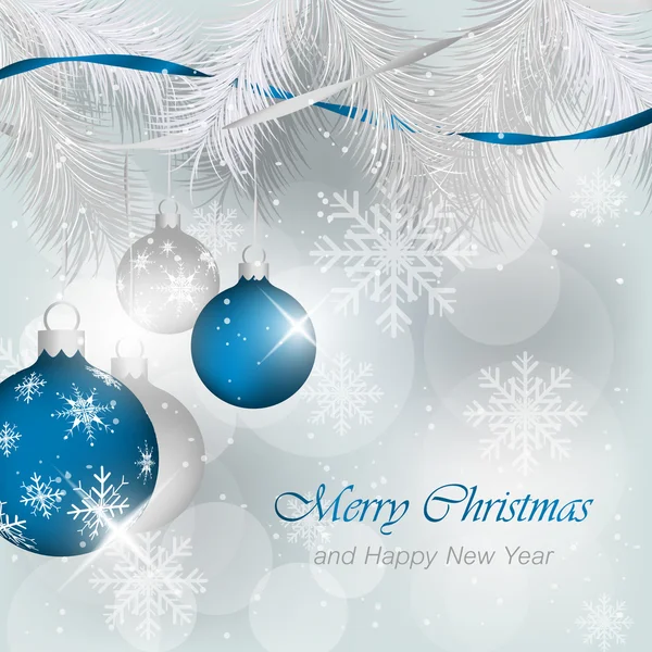 クリスマスの挨拶のカード。飾られたクリスマスの安物の宝石、針と雪. — ストックベクタ