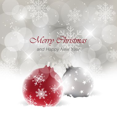 Işık efekti ve karda baubles ile Noel kartı.