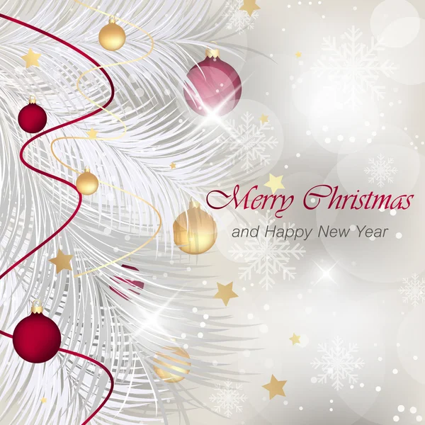 Baubles, kurdeleler, yıldız, parlak etkisi, kar taneleri ve çam iğneleri ile neşeli Noel ve mutlu yeni yıl tebrik kartı.