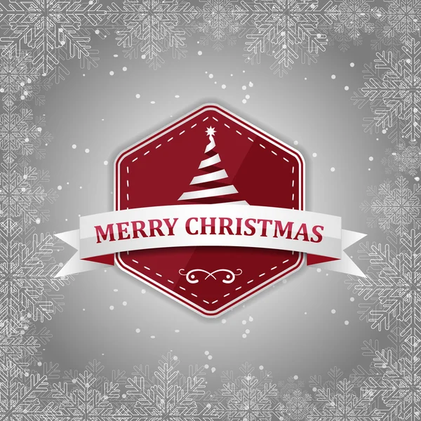 Feliz Navidad vector etiqueta roja con árbol de Navidad, cinta de plata, nieve y copos de nieve . — Archivo Imágenes Vectoriales