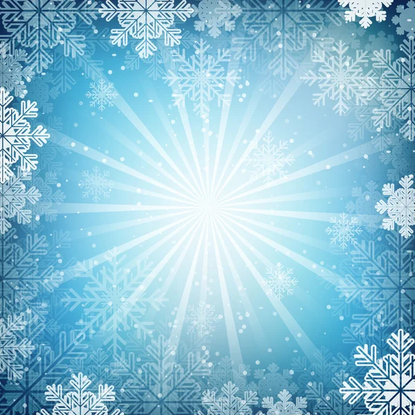 Fond vectoriel bleu hiver, neige, flocon de neige et effet brillant . — Image vectorielle