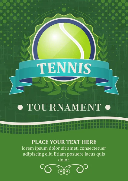 Torneio de tênis vetor de fundo ou cartaz com bola de tênis, fita e coroa de louro . — Vetor de Stock