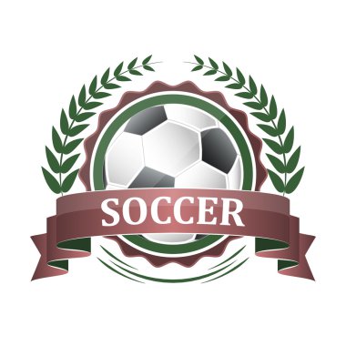 Futbol vektör simgesi, şerit ve defne çelengi etiketle.