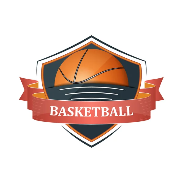 Icono del baloncesto, etiqueta con cinta. Ilustración vectorial . — Vector de stock