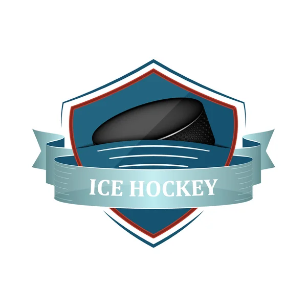 Icône ou étiquette vectorielle de hockey sur glace avec ruban bleu et rondelle . — Image vectorielle