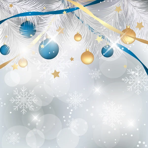 Weihnachten Hintergrund mit Christbaumkugeln, Bändern und Tannennadeln. — Stockvektor