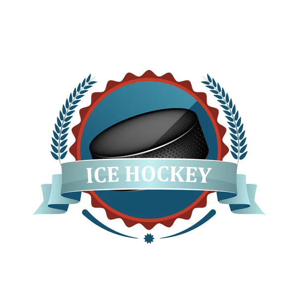 Icône ou étiquette vectorielle de hockey sur glace avec ruban bleu, couronne de laurier et rondelle . — Image vectorielle