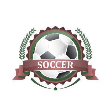 Futbol vektör simgesi, şerit ve defne çelengi etiketle.
