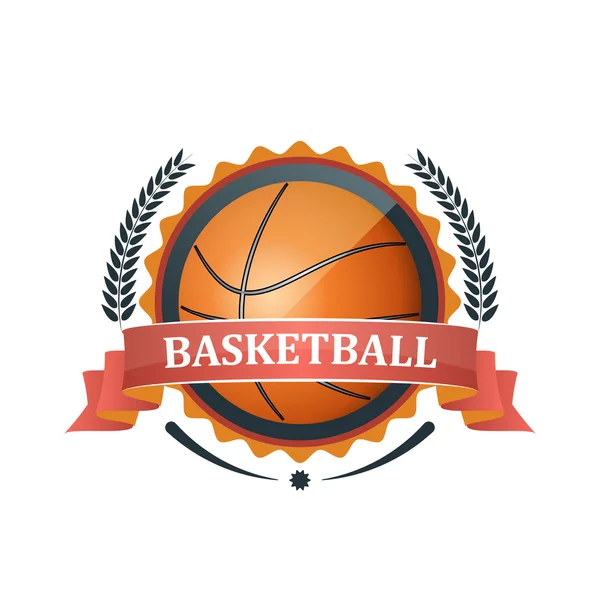 Icono del baloncesto, etiqueta con cinta y corona de laurel. Ilustración vectorial . — Vector de stock