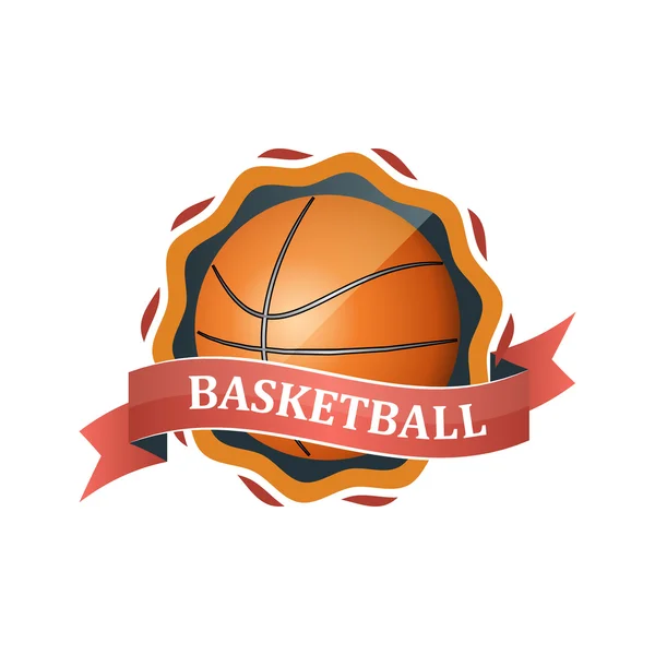 Icono del deporte del baloncesto, etiqueta con cinta. Ilustración vectorial . — Vector de stock